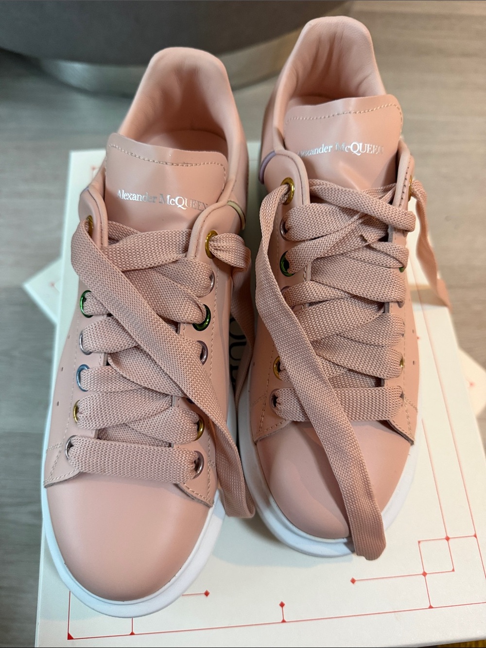 Alexander McQueen Blush Pink Leather Platform Sneakers with Gold Eyelets